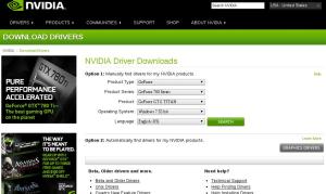 Página de download de drivers da Nvidia